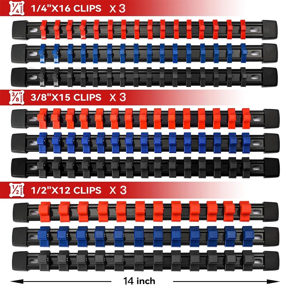 ABS Socket Organizer 1/2 Inch 3/8 Inch and 1/4 Clip Drive Socket Rail Holders Heavy Duty Socket Racks  with Red Blue Black Clips
