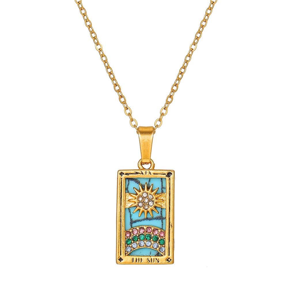 Retro Stainless Steel Zircon Tarot Card Pendant Necklace for Women