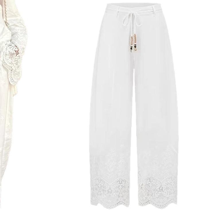 High-Quality Spring Lace-Up Embroidered Wide-Leg Pants Medium