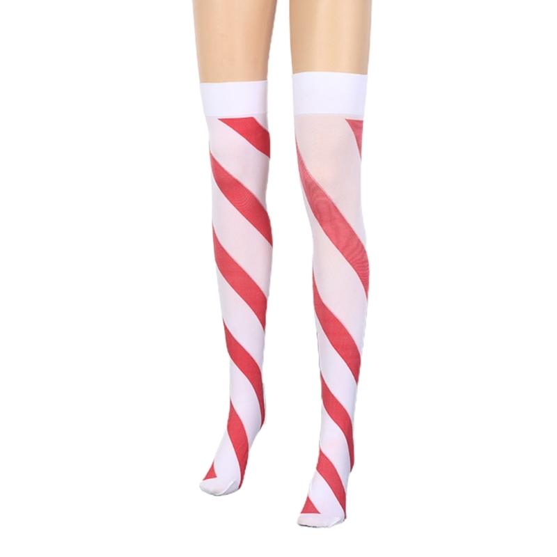 Women Red White Striped Over Knee Long Socks Cute Lovely Bowknot Thigh High Stockings for Christmas Party Costume