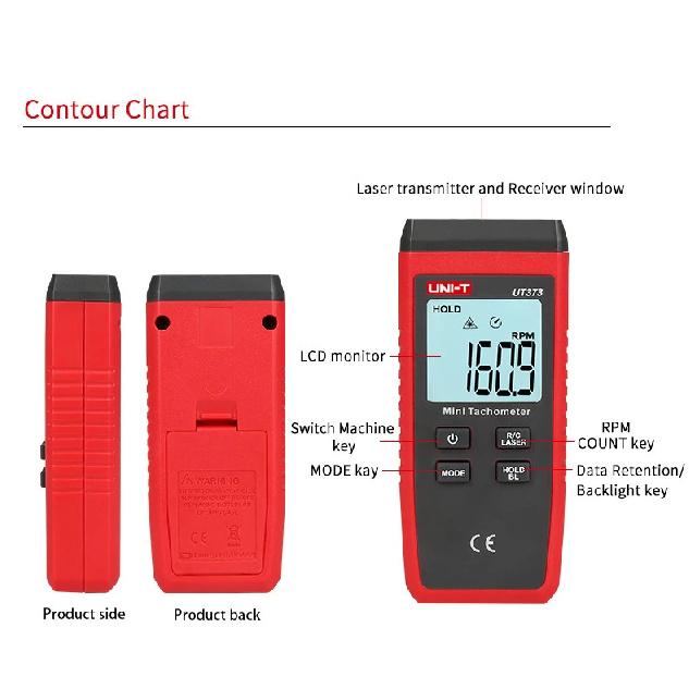 UNI-T Mini Digital Laser Tachometer UT373 Non-Contact Tachometer RPM Range 10-99999RPM Tachometer Odometer Backlight