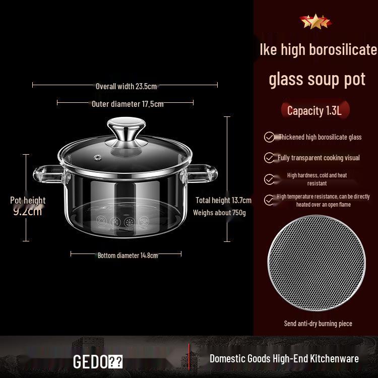 Jidu High-Temperature Resistant Borosilicate Glass Soup and Stew Pot for Gas Flame Cooking with anti-dry burn pad