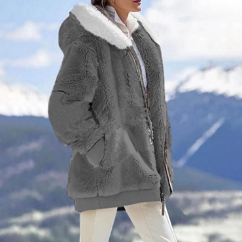 Chaqueta casual con capucha y cremallera de felpa holgada de color sólido para mujer con bolsillos