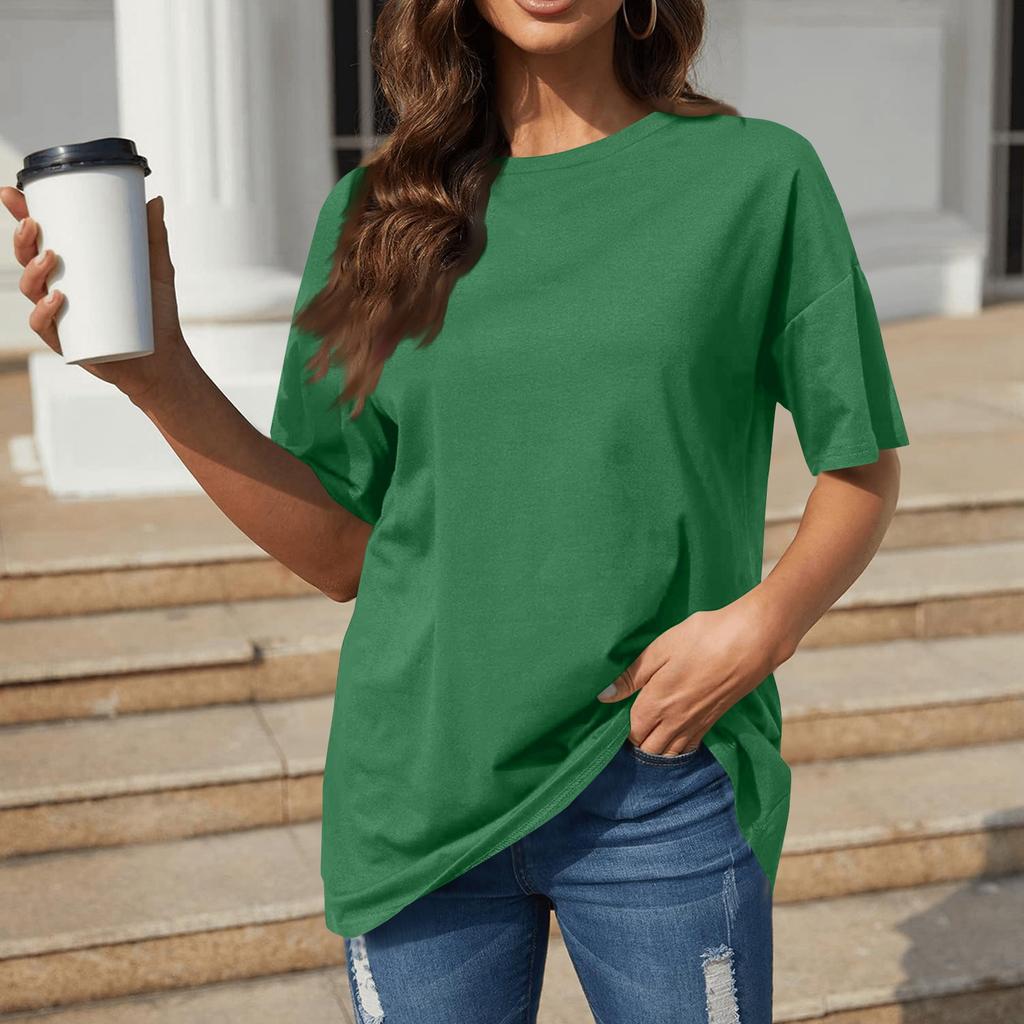 A Solid-color Loose Short-sleeved, Round-neck Plate-sized Top For Women In Spring And Summer