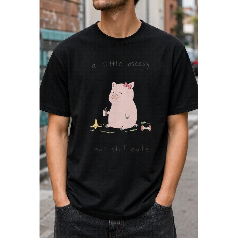 Plus Size - Men's T-Shirt S-5XL Featuring A Cute Pig Graphic Print With 'A Little Messy But Still Cute' Text - Casual Short-Sleeve Round-Neck Top,