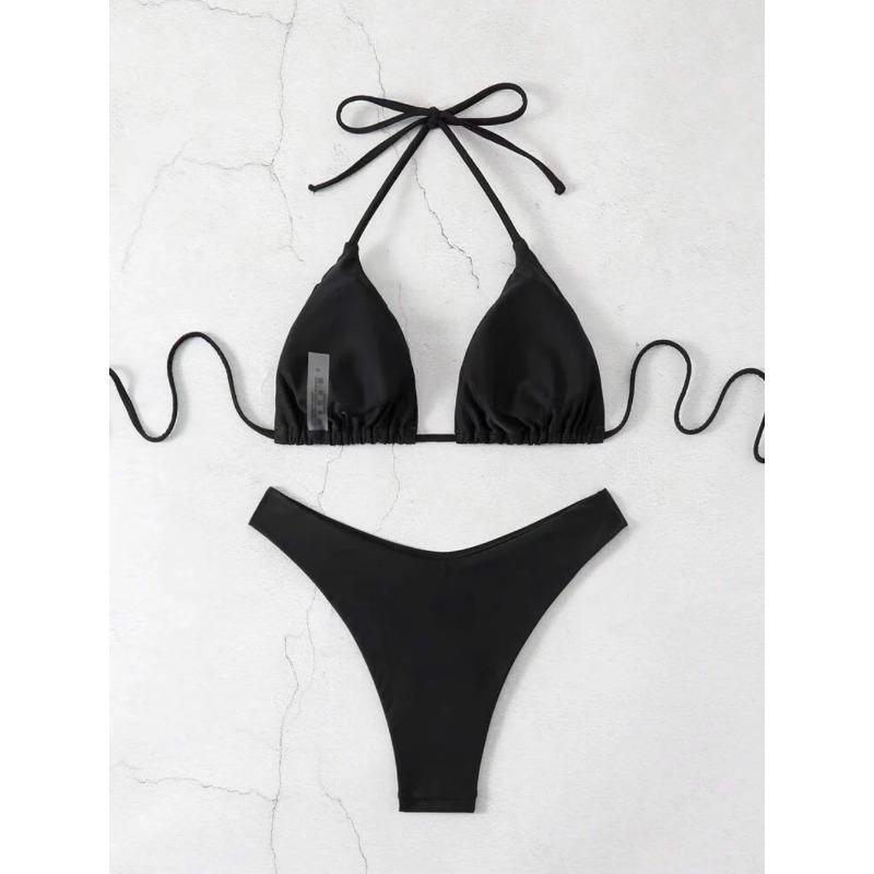 Sexy Solid Halter Lace Up Low Waist Bikini Set Women's 2 Pieces Swimsuit Triangle Thong Swimwear Bathing Suit Brazilian Biquini
