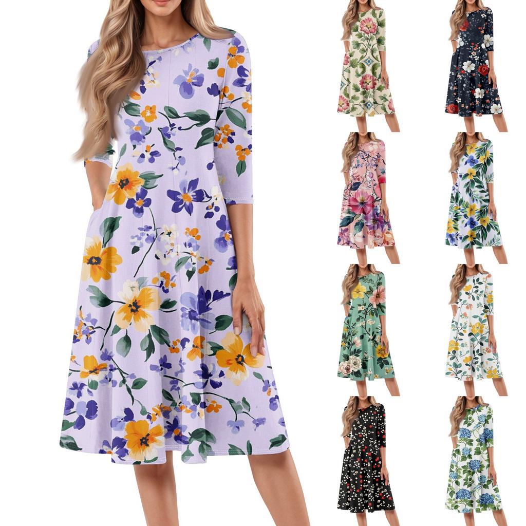 Women's Loose Casual And Fashionable Round Neck Seven Quarter Sleeved Printed Mid Length Dress