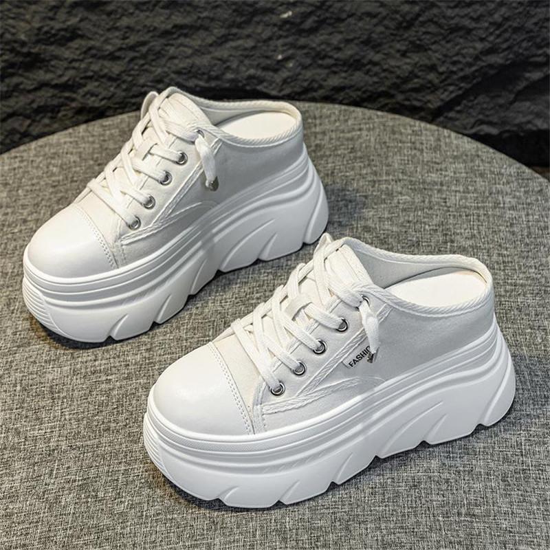 Fashion 9cm Canvas Genuine Leather Women Summer Shoes Wedge Sneakers Platform Slippers Shoes Slip on Sandals Slideds High Heel