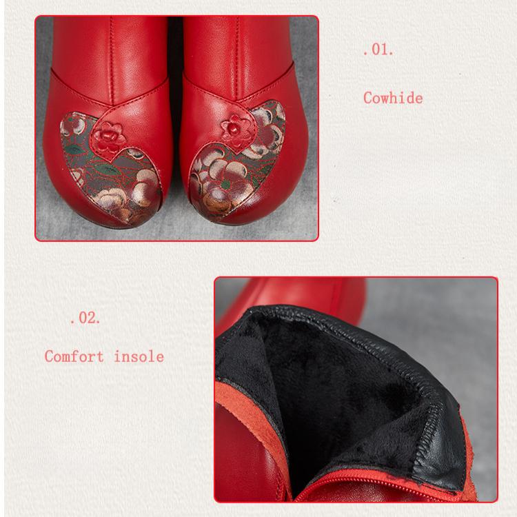 Ethnic Style Fall and Winter Women's Boots Head Layer Cowhide Thick with Soft Bottom Waterproof Boots Round Head Fashion Cotton Shoes