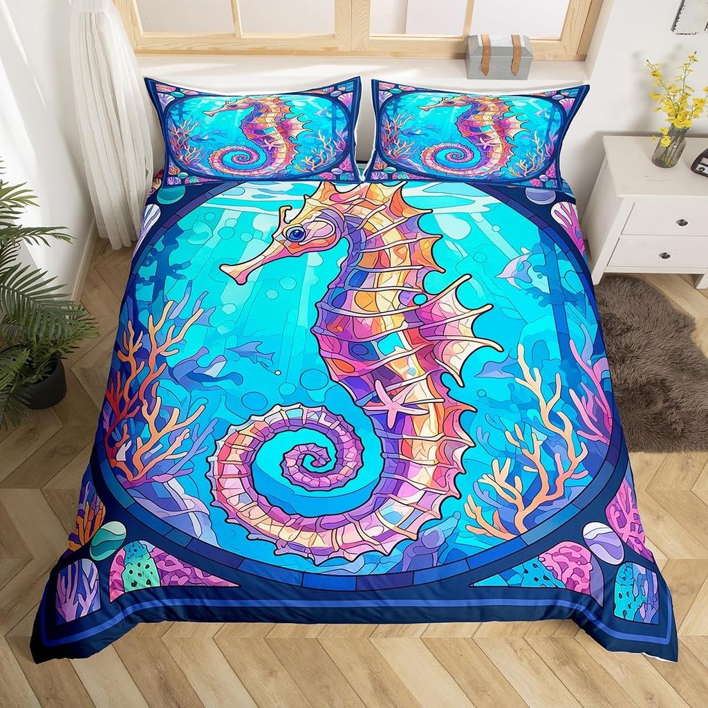 Seahorse Duvet Cover Sets For Kids Teens Queen Lightweight Bedding Sets Ocean Animal Bedspread Covers Bedroom Decor No Comforter