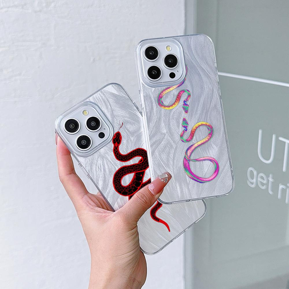 N73 Black Gold Snake Design Clear Frame Case for Samsung S25 Ultra iPhone 16 Pro Max Xiaomi Redmi Note 13 Feather Chiffon Texture Silver Plated Cover