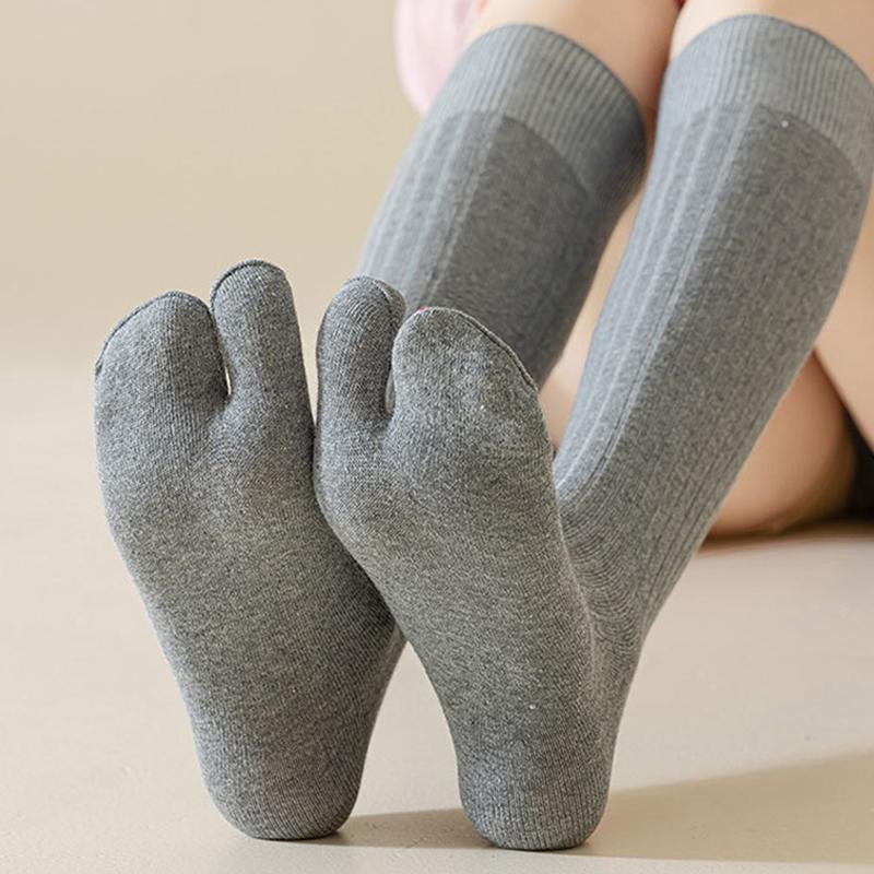 1Pair Vertical Bar Sweat Absorption Knitted Anti Friction Two Finger Socks Personality Cotton Medium Length Tube Split Toe Socks