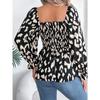 Women's Autumn and Winter Casual Wooden Ear Edge Square Collar Leopard Print Long Sleeve Top
