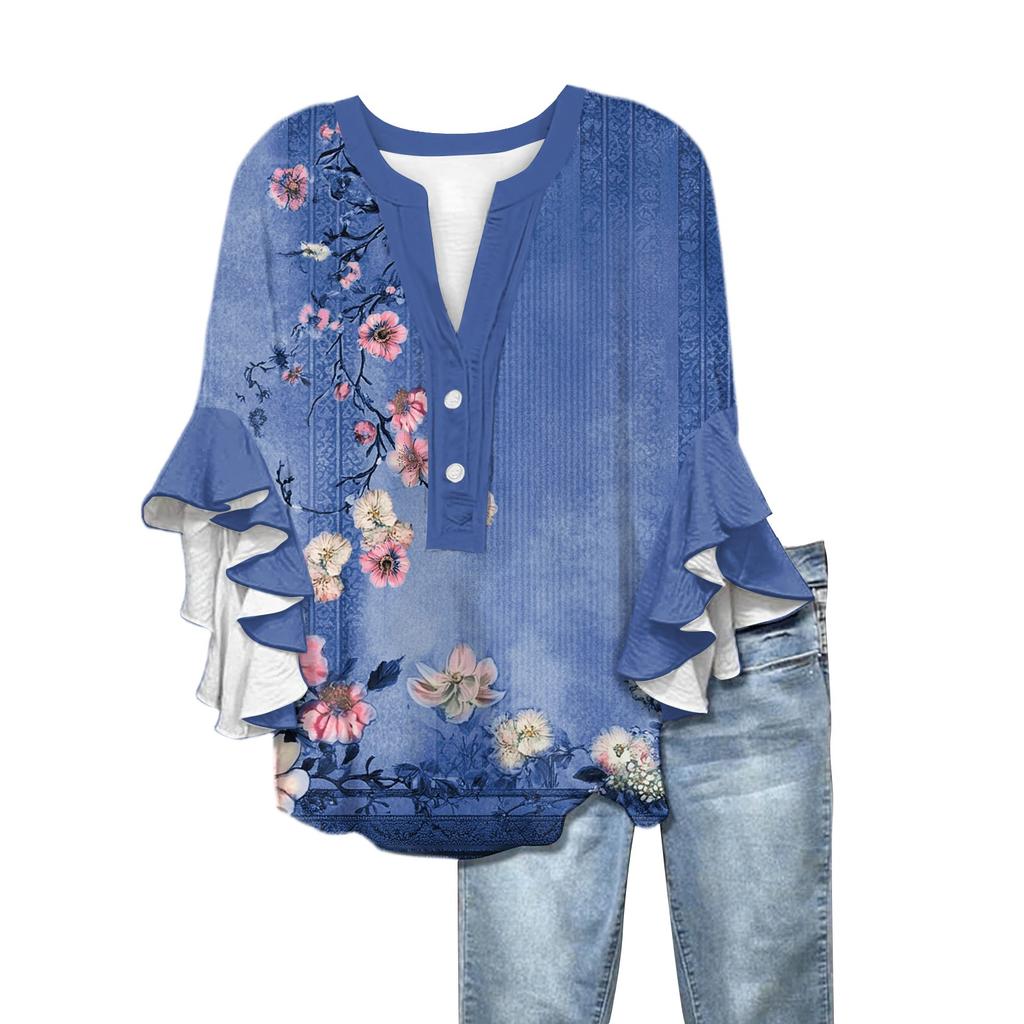 Summer Tops For Women Cute V Neck 3/4 Sleeve Blouses Floral Print Top Casual Shirts