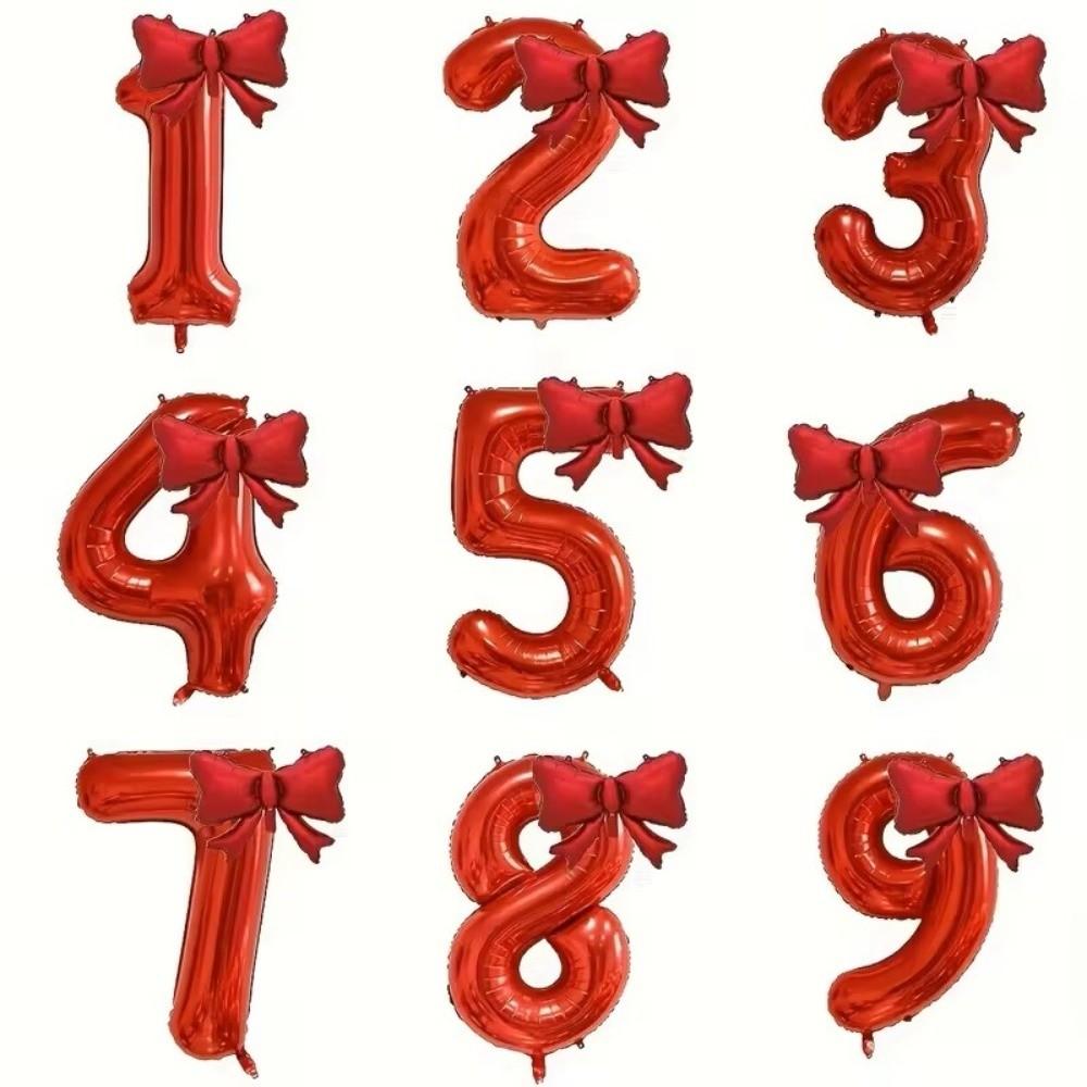 32inch Red Number Digital 0-9 Balloon With Red Bowknot Foil Balloons for Birthday Party and Anniversary Decoration