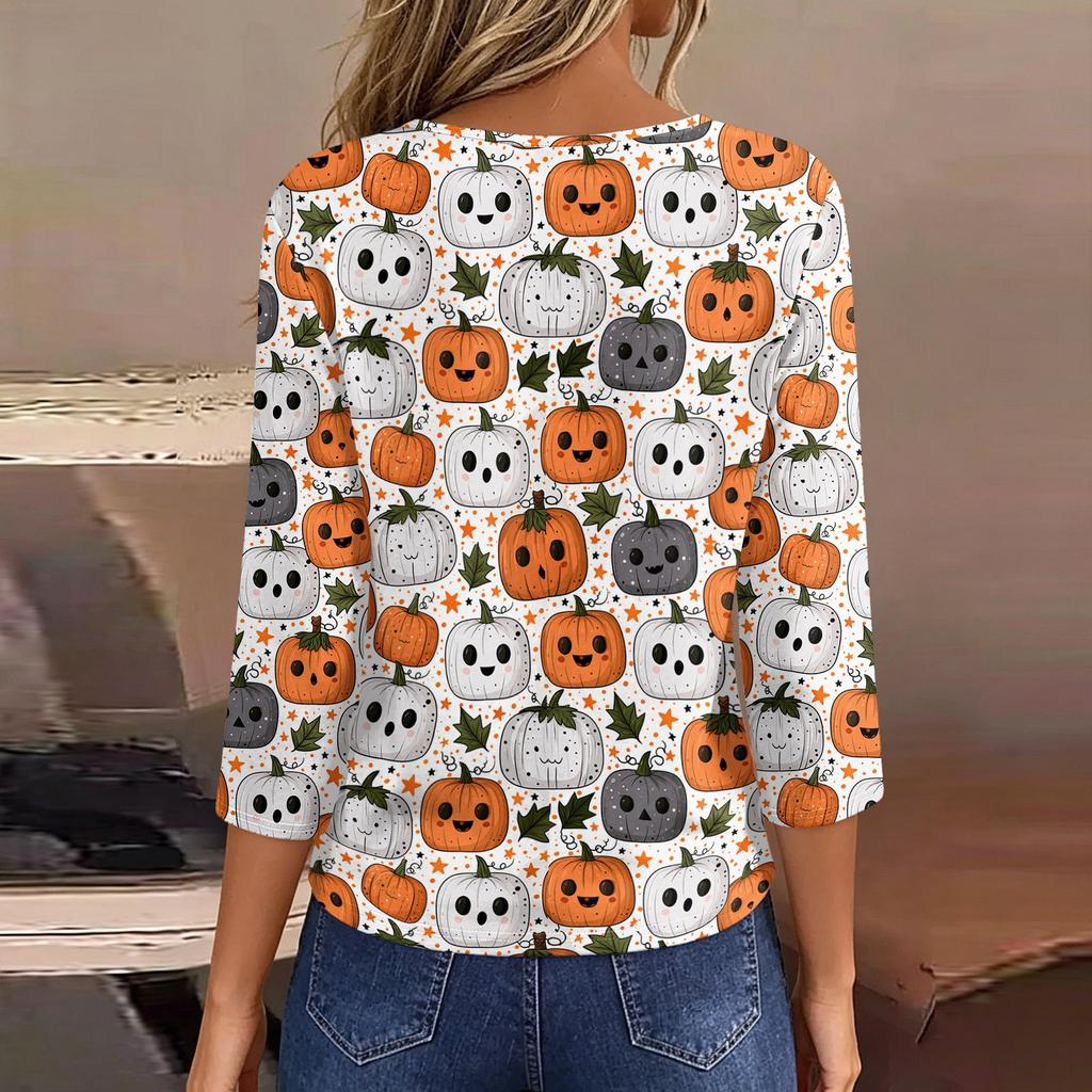 Lady's fashionable casual V-neck buttoned Halloween print three-quarter sleeve