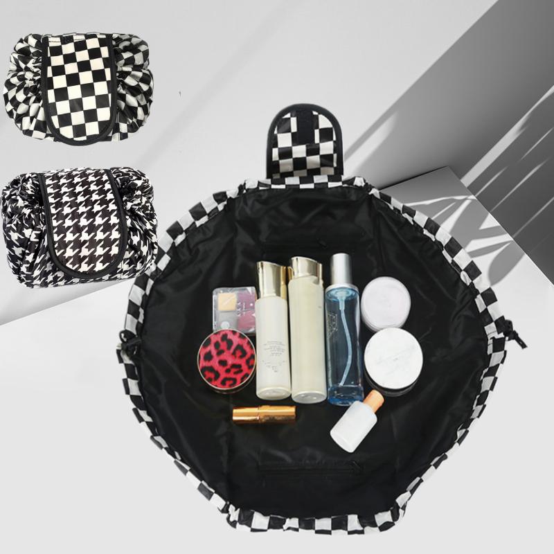 New Women Makeup Bag Simple Plaid Toiletry Bag Portable Large Capacity Storage Bag Stylish Round Drawstring Travel Bags Washable