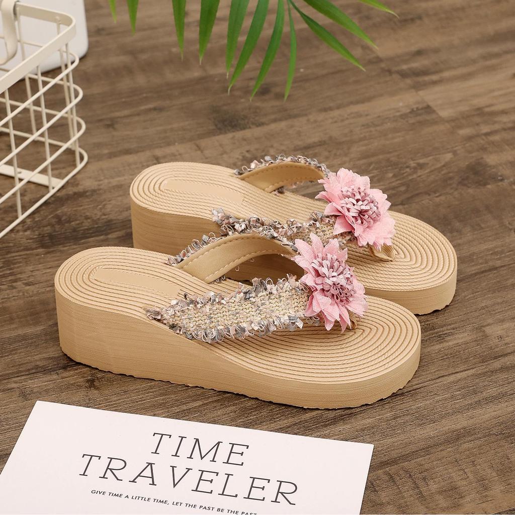 Bohemian Small Fragrant Style Imitation Grass Rope Woven Applique Flip-flops Xia Liang Slippers Women Wear Wedge Heels High Heels Beach Shoes