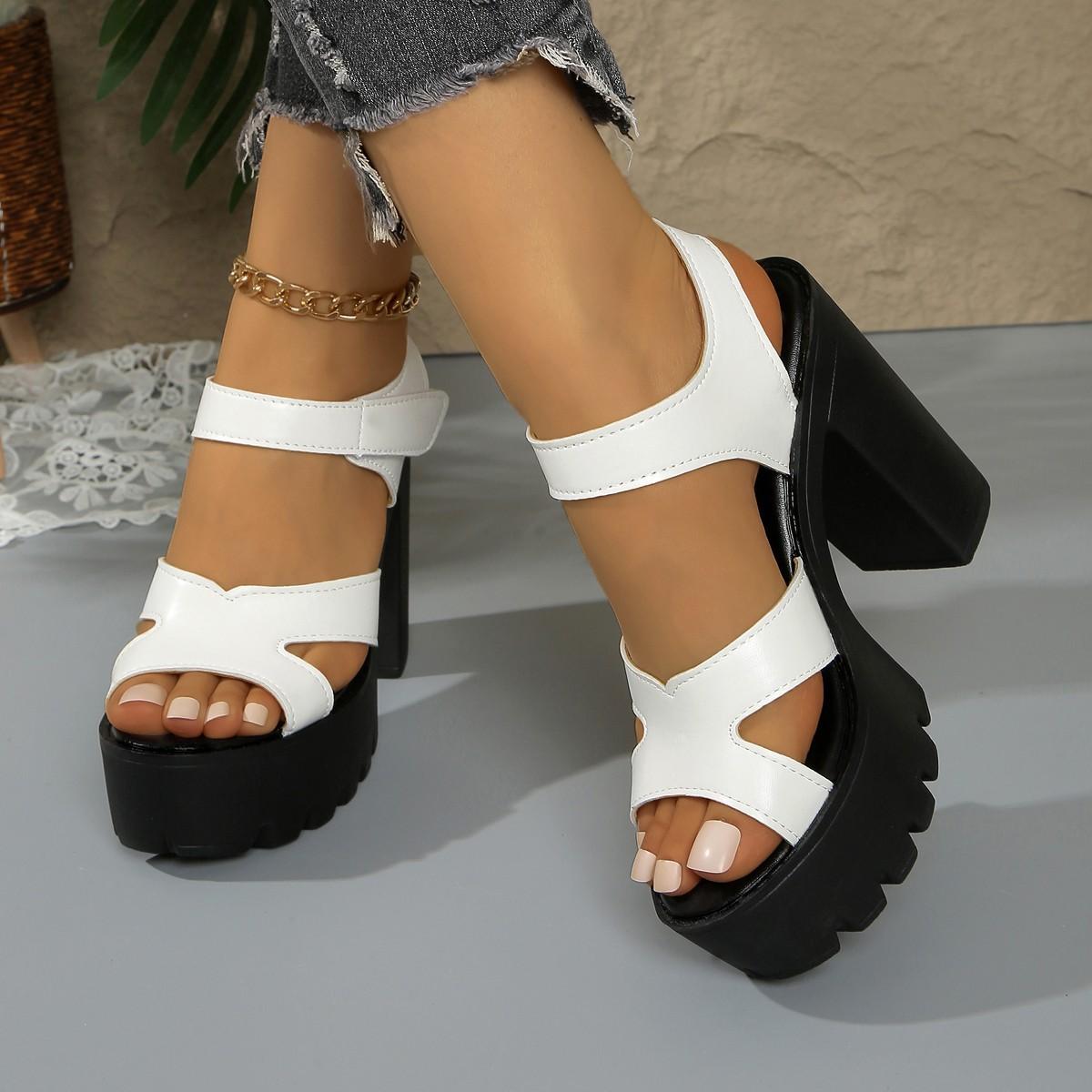 Summer New Fashion Round Head Hollow One-Word Velcro Large Size Women s High Heel Sandals Round 43 белый 2990₽