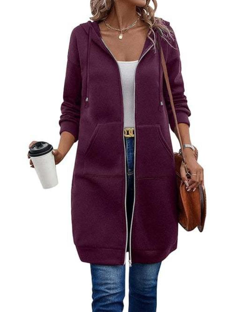 Women's Hooded Long Zip-Up Coat In 15 Colors