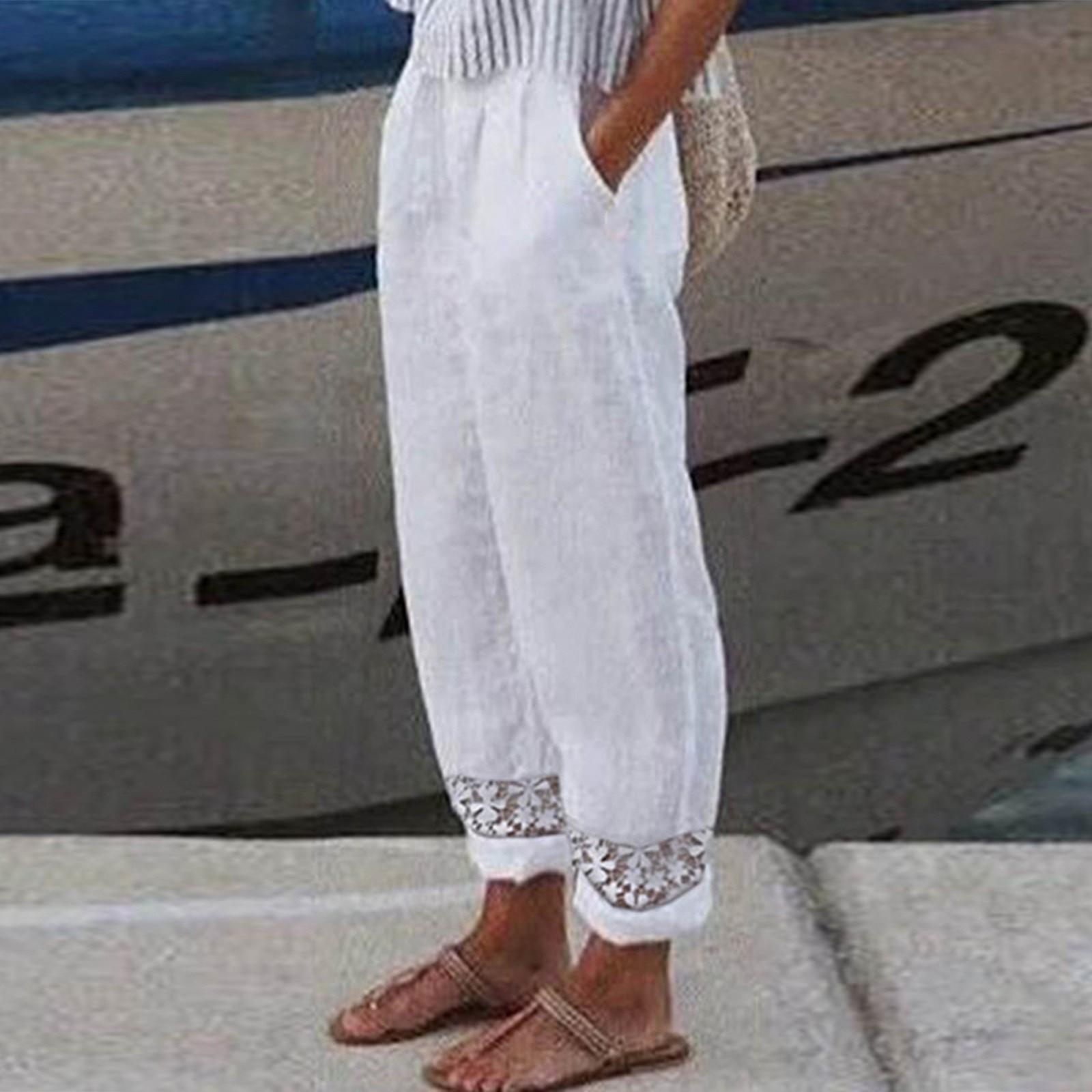 

Женские повседневные однотонные кружевные девятиминутные брюки, свободные прямые брюки с эластичной резинкой на талии, удобные карманные девятиминутные брюки S белый