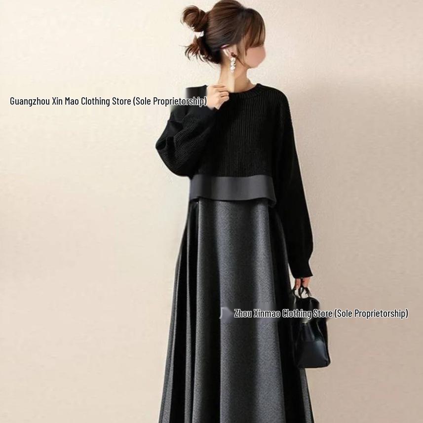 2025 High-End Plus Size Black Knit Patchwork Long Sleeve Dress