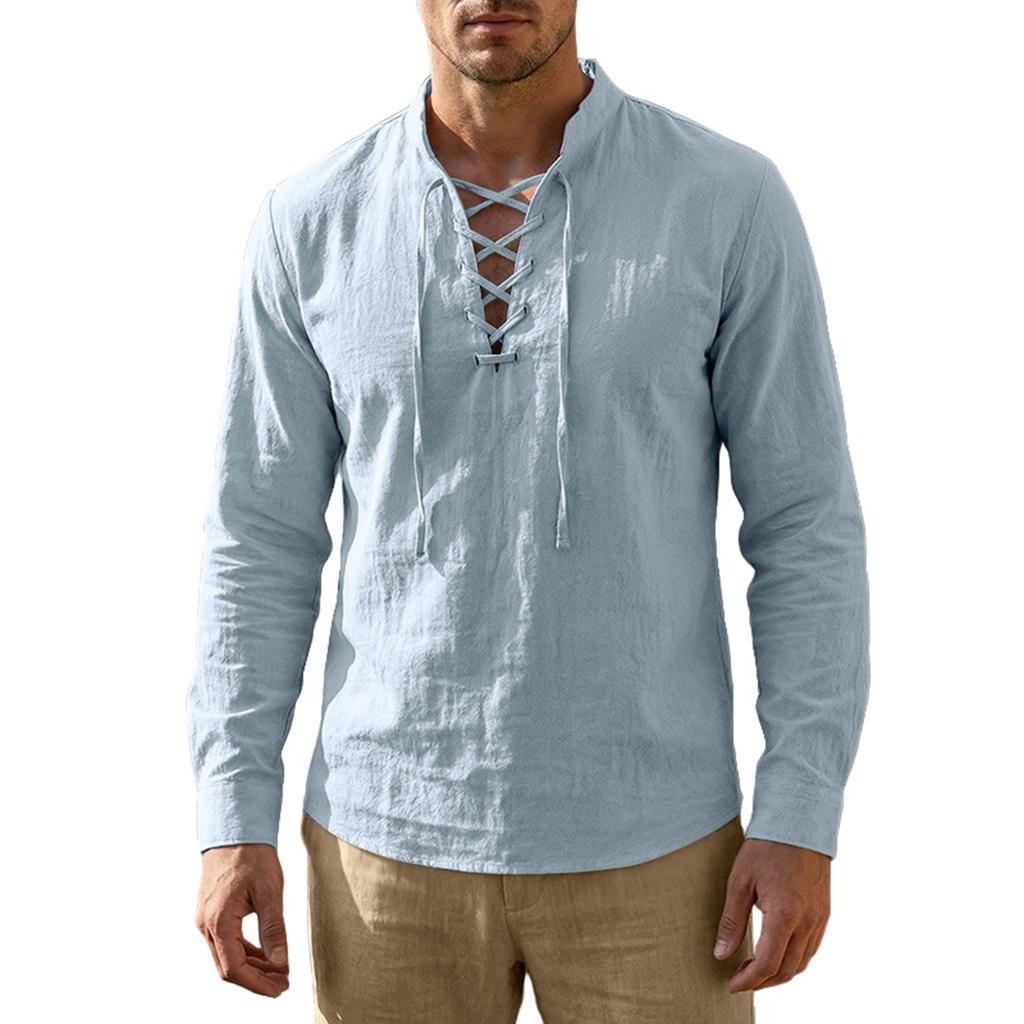 Herren Baumwoll-Leinen Kordelzugkragen Langarm Oberteil Herren Lässig Stilvolles Langarmhemd
