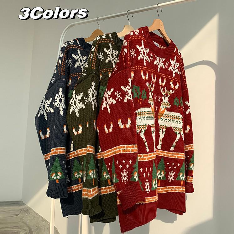 Men's Winter Hong Kong Style Loose Fit Christmas Sweater - Casual Pullover for Couples