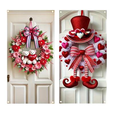 Valentine's Day Heart-Shaped Bear Wreath Door Hanging Floral Bow Decoration Romantic Holiday Home Store Door Atmosphere Decor