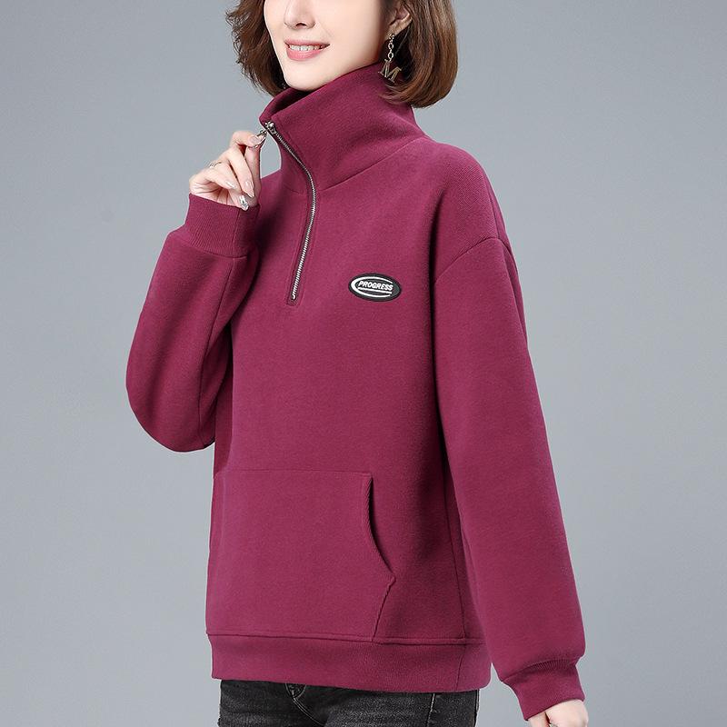 Women's Fleece-Lined Half-Zip Stand Collar Sweatshirt - 2024 Autumn/Winter Korean Style for Middle-Aged Moms