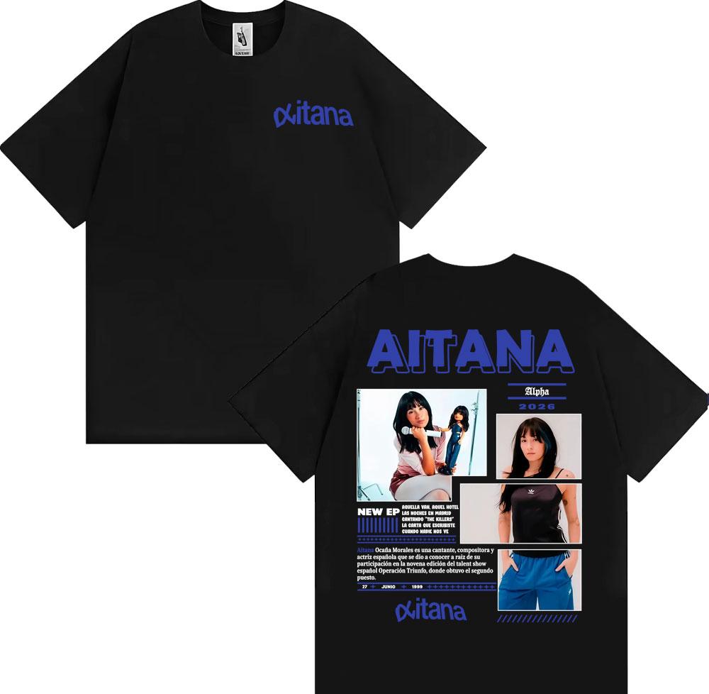Camiseta Gráfica de Camiseta de Algodón de Verano Unisex para Mujer Aitana Singer Cuarto Azul Oversize Cuello Redondo Manga Corta YK Clothing