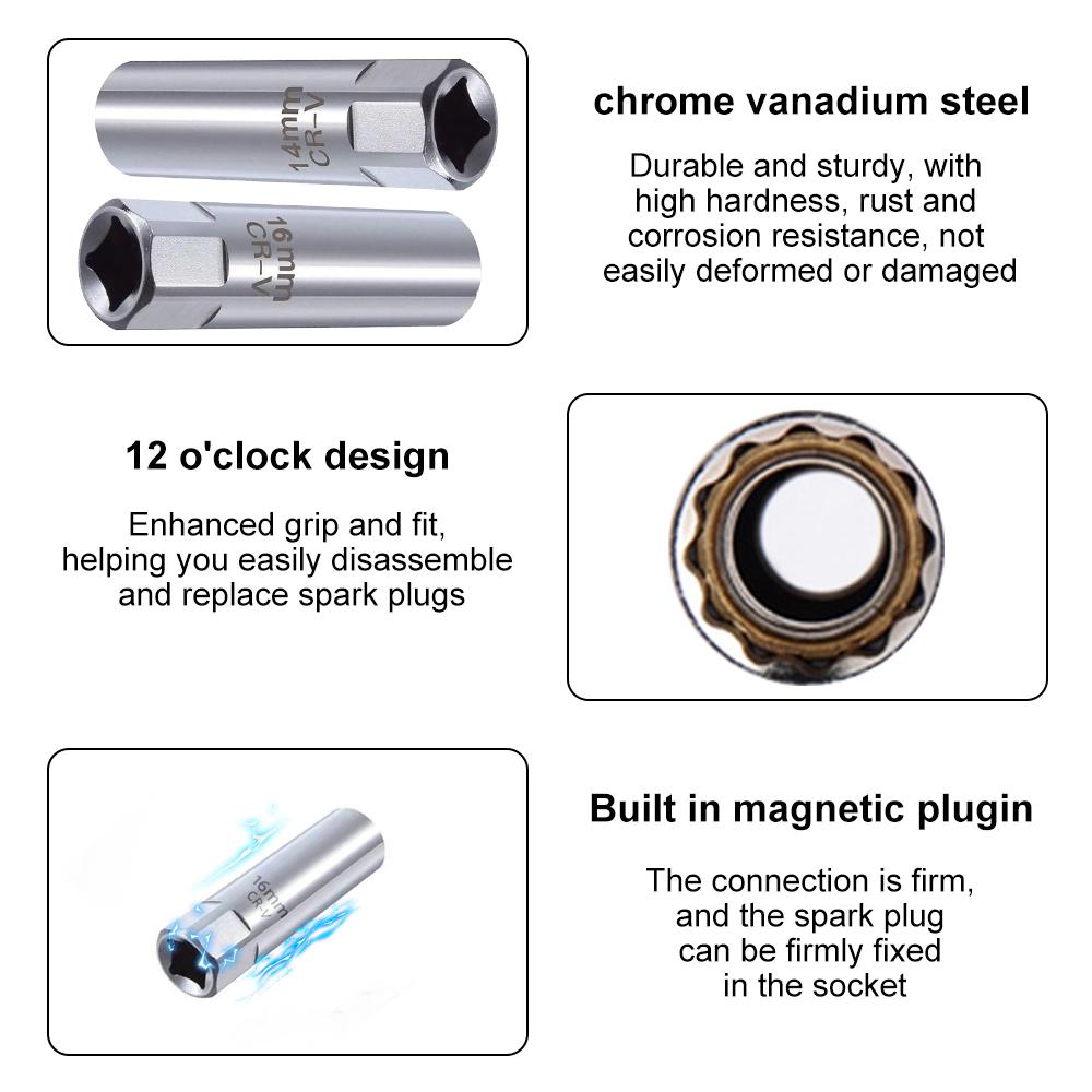 3/8 Inch 12 Point Drive Spark Plug Socket Wrench With Magnetics 14/16mm CR-V Steel Socket Wrench Adapter Car Removal Repair Tool