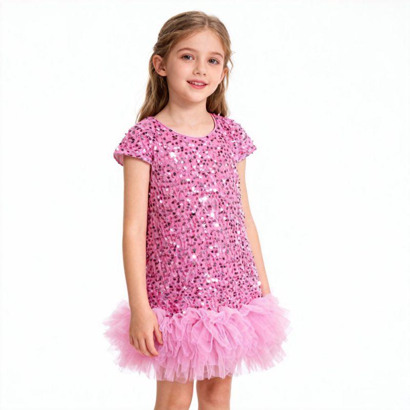 3-9 Years Kids Girls Sequin Dress with Tulle Hem