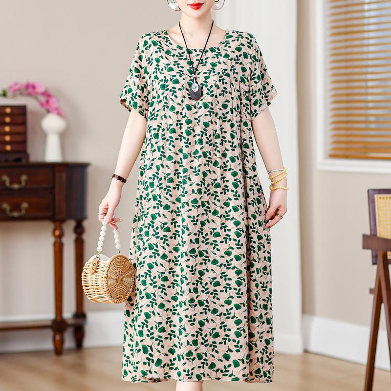 Plus Size Loose Vintage Print Langes Kleid für Damen Lässige Kurzarm-Sommer-Damenkleider