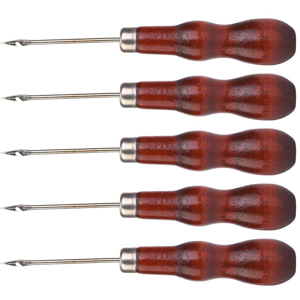 5PCS Wooden Handle Awl Hole Punch Sewing Stitching Awl Tool Shoe Repair Crochet Hook