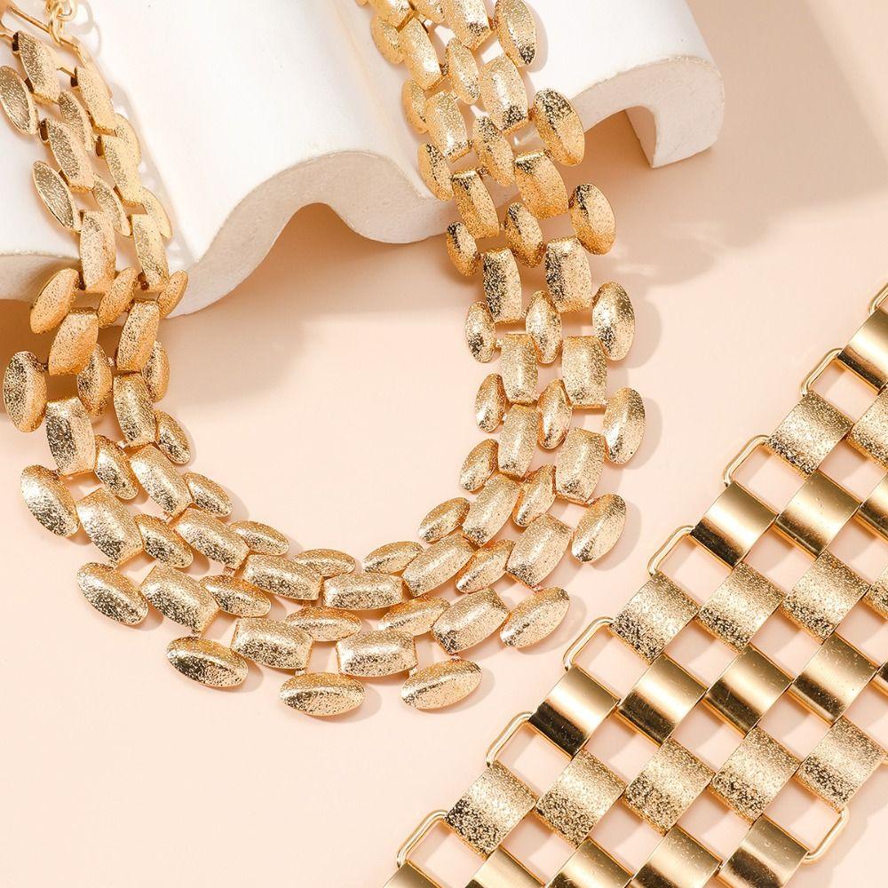 Adjustable Multilayer Jewelry Set Korean Style Exaggerated  Necklace Metal Plaid Bracelet  Women