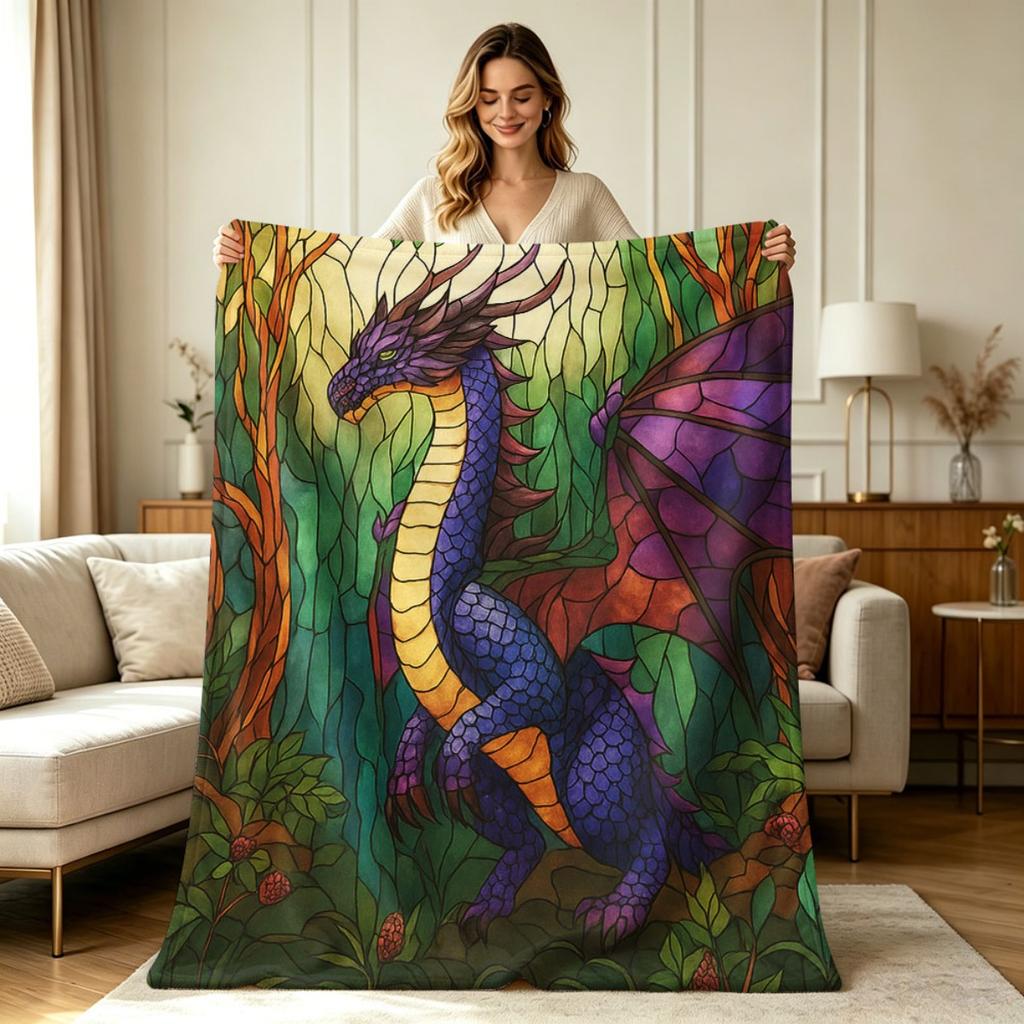 All Season Stained Glass Dragon Forest Print Flannel Blanket Soft Cozy Warm Throw Blanket for Couch Sofa Bedroom Living Room Office Home Decor