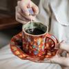 Domestic Handmade Coarse Pottery Coffee Cup And Saucer Set Pleated Design Exported Retro Ceramics