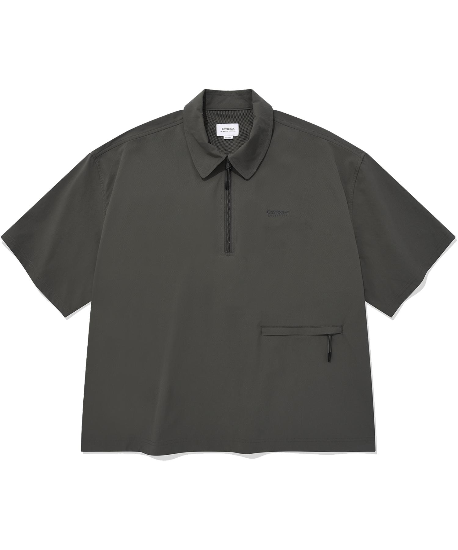 Covernat Seersucker Zip-Up Collared T-Shirt Khaki Khaki/S
