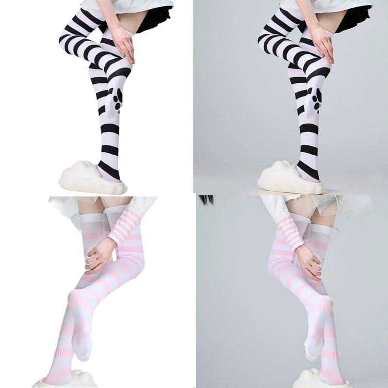 Over Knee Silk Long Socks with Cute Cats Claw Pattern for Daily Wear or Cosplay Striped Thigh High Stockings for Women
