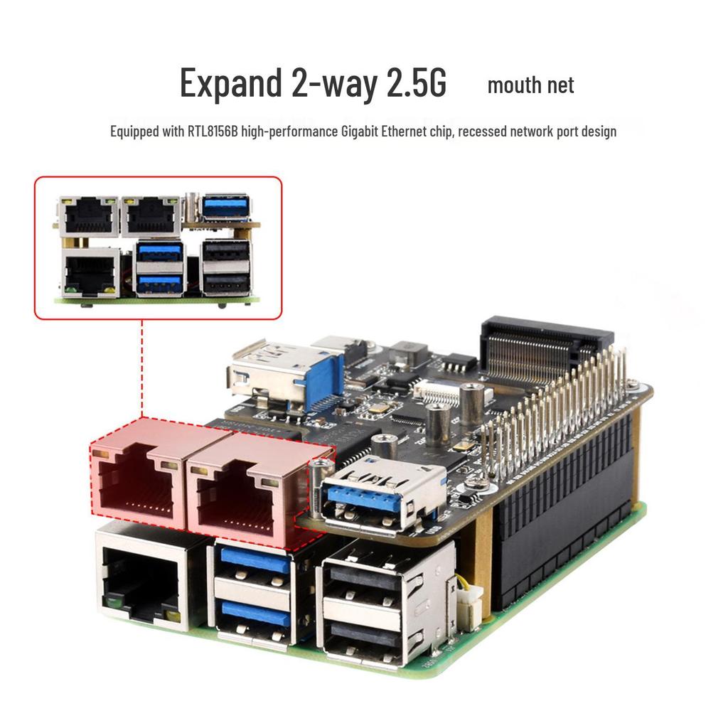 Raspberry Pi 5 PCIe M.2 NVMe Expansion Card with USB 3.2 Dual 2.5G Ethernet Ports and SSD Boot