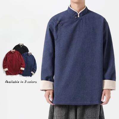 Chaqueta de manga larga estilo chino de otoño e invierno para hombre, traje Tang estilo chino, traje Hanfu Layman Zen, traje de té con solapa diagonal.