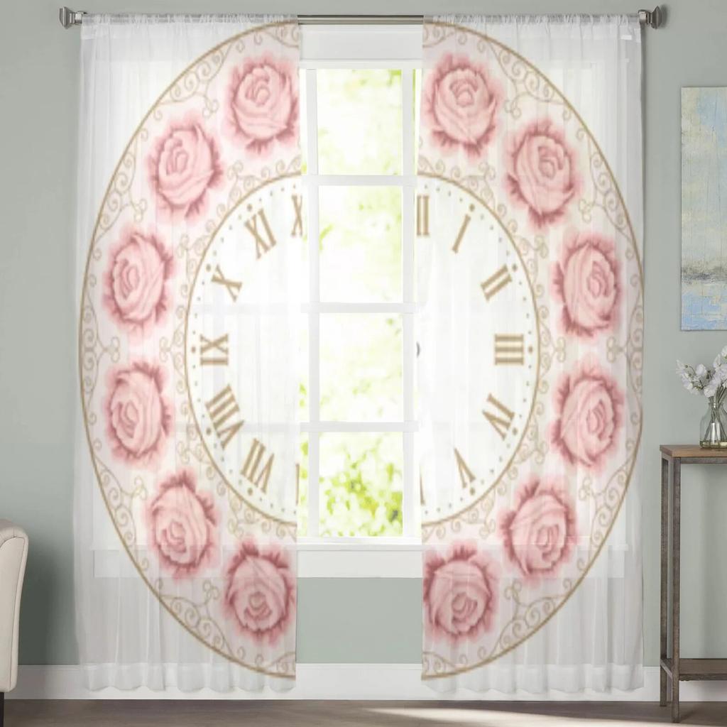 Vintage hodiny Barevné růže Průhledné závěsy Do okna obývacího pokoje Průhledný voálový tyl Závěsy do ložnice Domácí dekorace