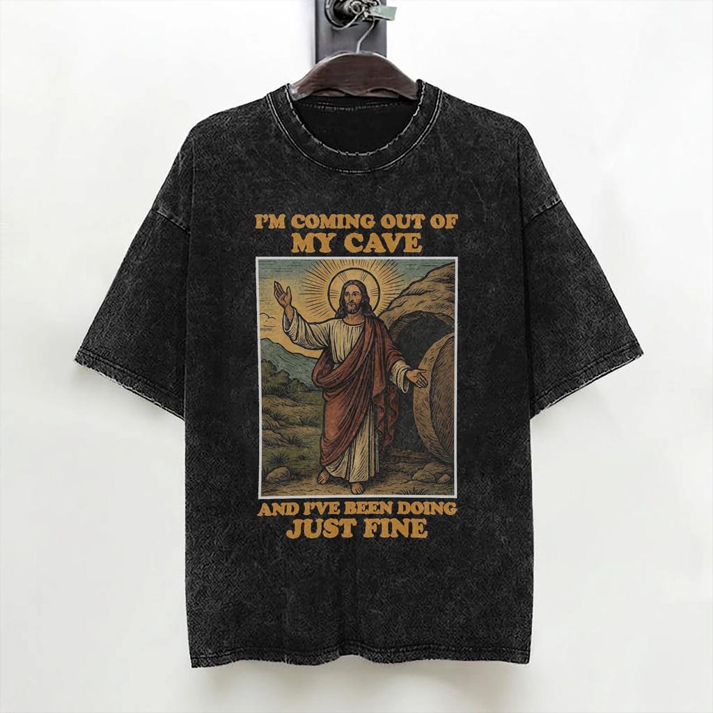 Jesus Coming Out Of My Cave Washed T Shirt Streetwear Hip Hop Casual Tshirt Tee Shirt Men Women 100 Cotton Oversize Summer
