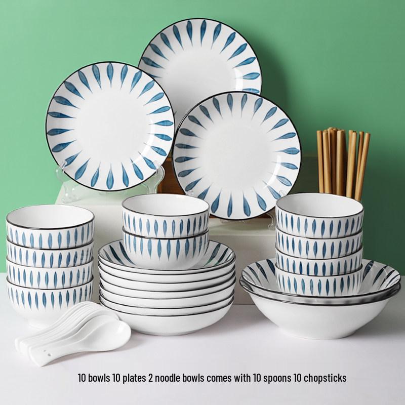 Japanese 10-Person Tableware Set: Creative Rice Bowls, Plates, and Noodle Bowls Combination.