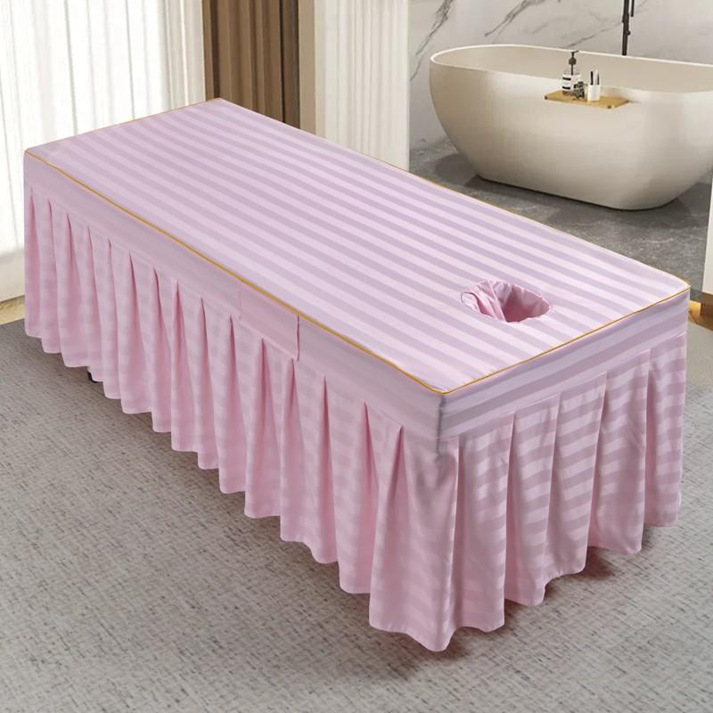 Pruhovaný potah na lehátko do kosmetického salonu s otvorem pro obličej Prodyšný potah na lehátko Napínací sukně na masážní stůl pro kosmetický salon Masážní SPA