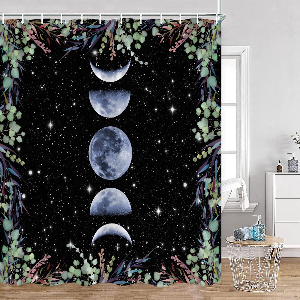 

Астрология Занавеска для душа Звездное небо Полнолуние Ночь Зеленые Магические Растения Гриб Занавеска для ванны Винтажный Темный Декор для ванной для дома 90x180cm-35x70in