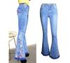Women's Mid Rise Floral Embroidery Flare Jeans Wide Leg Frayed Hem Denim Pants Streetwear Vintage Bell Bottom Trousers