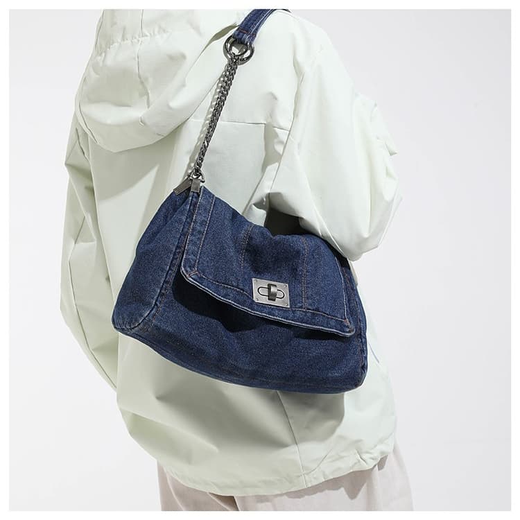 Vintage Washed Denim Chain Underarm Bag Tote Bag