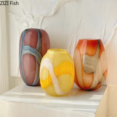 Colorful Stripes Glass Vase Desk Decoration Flower Arrangement Artificial Flowers Decorative Floral Vases Room Aesthetic Decor